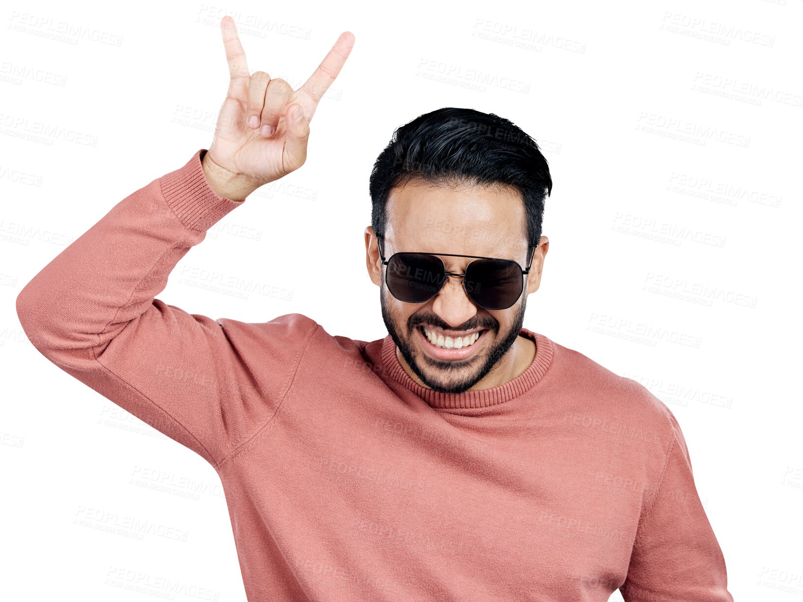 Buy stock photo Portrait, rock on and hand gesture of man in sunglasses, cool and crazy expression for fashion isolated on a transparent png background. Face, happy and show devil horns, sign or symbol with fingers