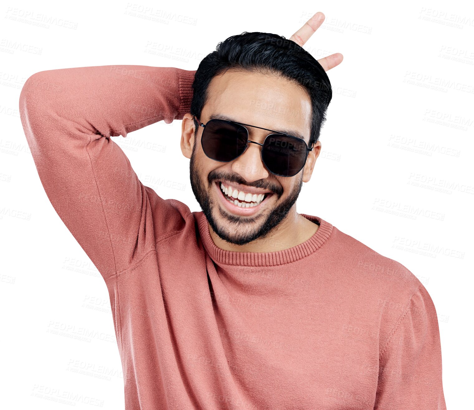 Buy stock photo Portrait, asian man and happy with fashion in sunglasses, smart clothes and satisfied on isolated, transparent png background. Smile, silly and fun with fashionable outfit with eyewear for trends. 