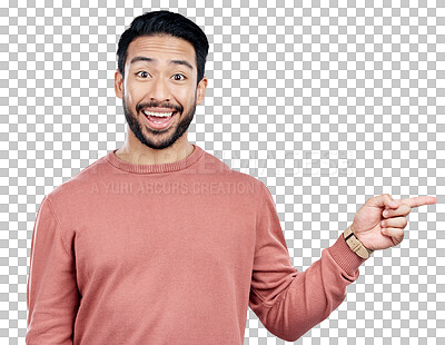 Buy stock photo Man, portrait and pointing to direction or information for advertising, marketing and promotion with announcement. Happy, decision or person with hand gesture isolated on a png transparent background