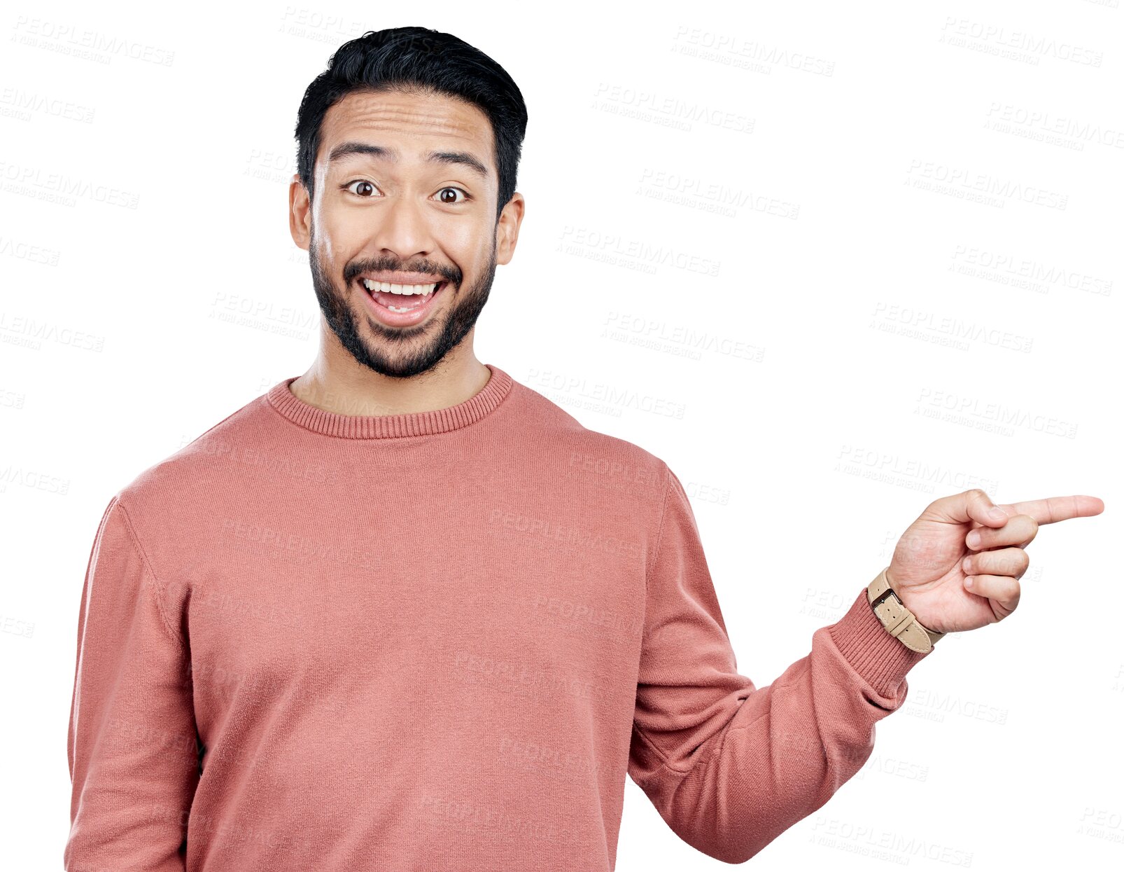 Buy stock photo Man, portrait and pointing to direction or information for advertising, marketing and promotion with announcement. Happy, decision or person with hand gesture isolated on a png transparent background