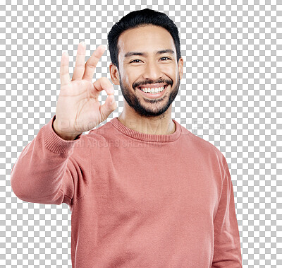 Buy stock photo Smile, hand and portrait of man with okay sign for support, agreement and approval. Happy, asian male person and emoji for perfect symbol with gesture on isolated, transparent and png background