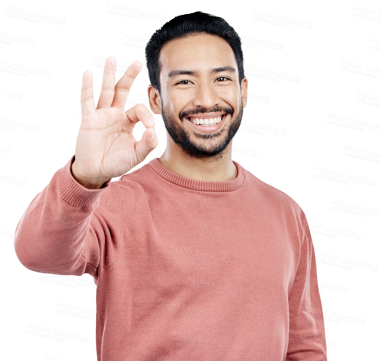 Buy stock photo Smile, hand and portrait of man with okay sign for support, agreement and approval. Happy, asian male person and emoji for perfect symbol with gesture on isolated, transparent and png background