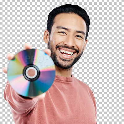 Buy stock photo Happy, showing cd and portrait of a man isolated on transparent png. Smile, excited and asian person on. background compact disc or copy of multimedia, digital or a movie with software or storage