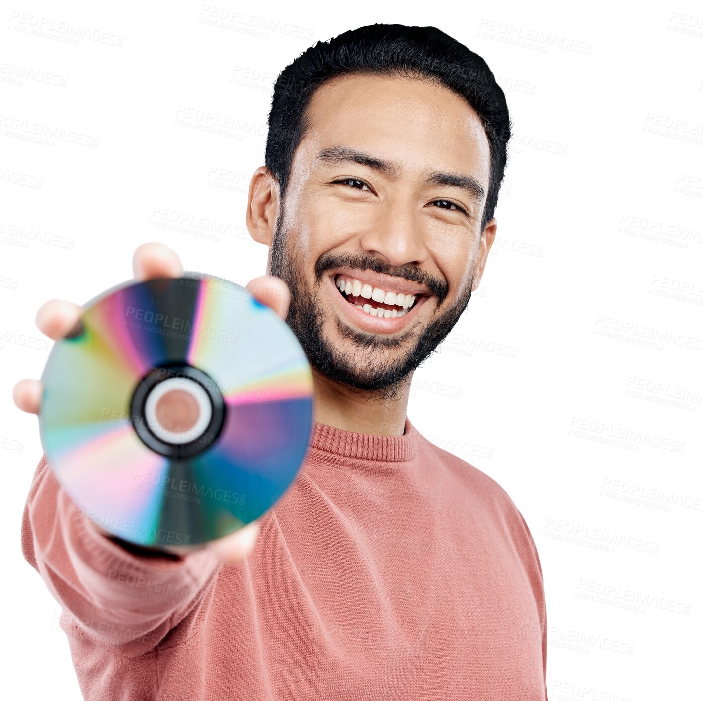 Buy stock photo Happy, showing cd and portrait of a man isolated on transparent png. Smile, excited and asian person on. background compact disc or copy of multimedia, digital or a movie with software or storage