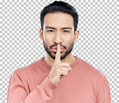 Buy stock photo Secret, finger and portrait of man with privacy, silence and confidential for information. Asian male person, emoji and shush or whisper the gossip, mystery and isolated on transparent png background