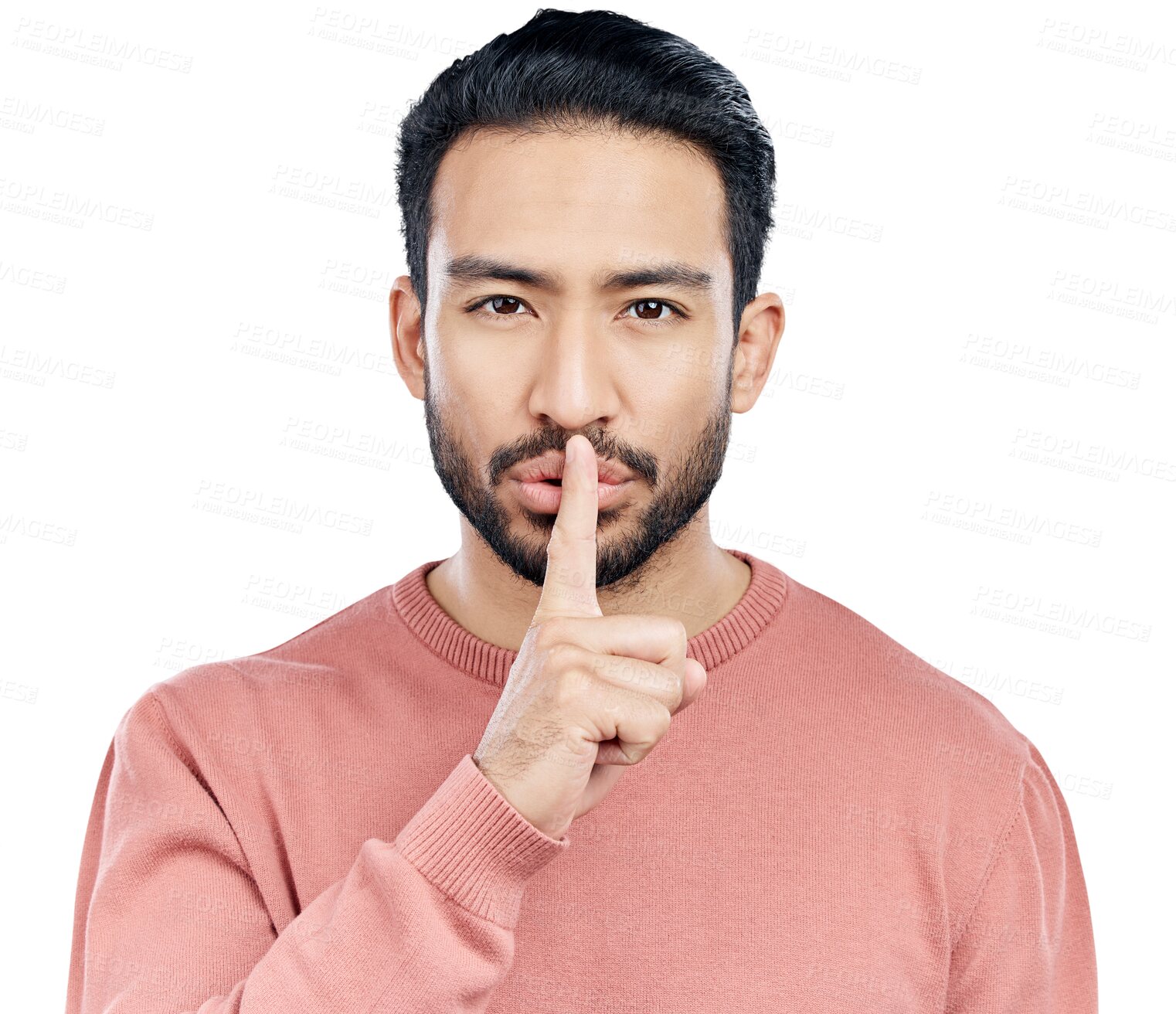 Buy stock photo Secret, finger and portrait of man with privacy, silence and confidential for information. Asian male person, emoji and shush or whisper the gossip, mystery and isolated on transparent png background