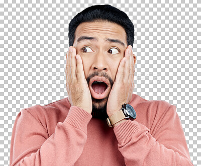 Buy stock photo Wow, surprise and face of man with gossip and shocked for announcement in transparent, isolated or png background. Crazy, news and person hearing secret, information or emoji for drama story 