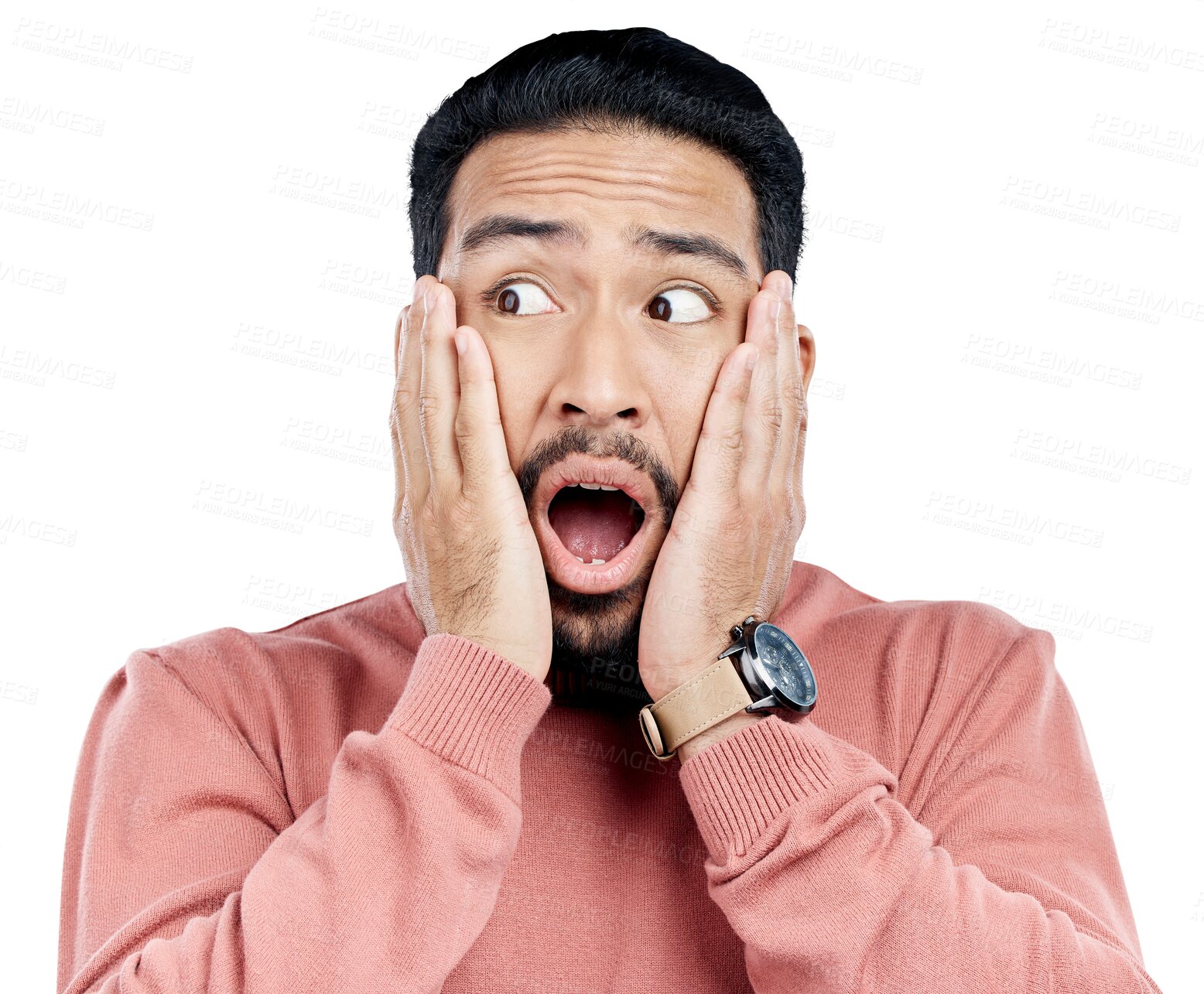 Buy stock photo Wow, surprise and face of man with gossip and shocked for announcement in transparent, isolated or png background. Crazy, news and person hearing secret, information or emoji for drama story 