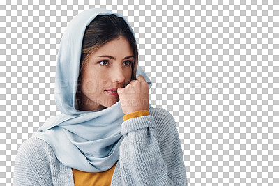 Buy stock photo Woman, thinking and muslim or hijab in fashion or wondering idea, clothing or thoughts. Female person, head scarf and islam or contemplating or isolated transparent png background, calm or pondering