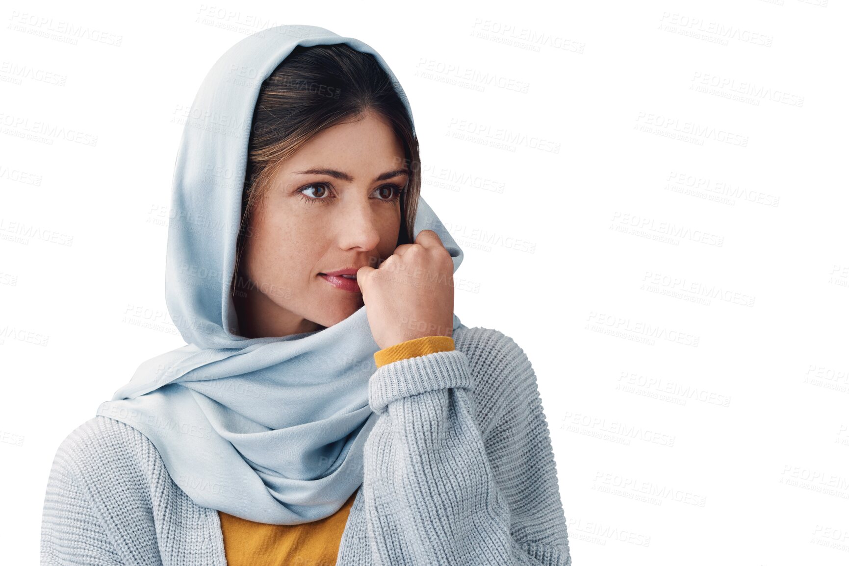 Buy stock photo Woman, thinking and muslim or hijab in fashion or wondering idea, clothing or thoughts. Female person, head scarf and islam or contemplating or isolated transparent png background, calm or pondering