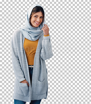 Buy stock photo Fashion, hijab and portrait of young muslim woman with casual, trendy and modern outfit. Happy, head scarf and islamic person with traditional religion style isolated by transparent png background.