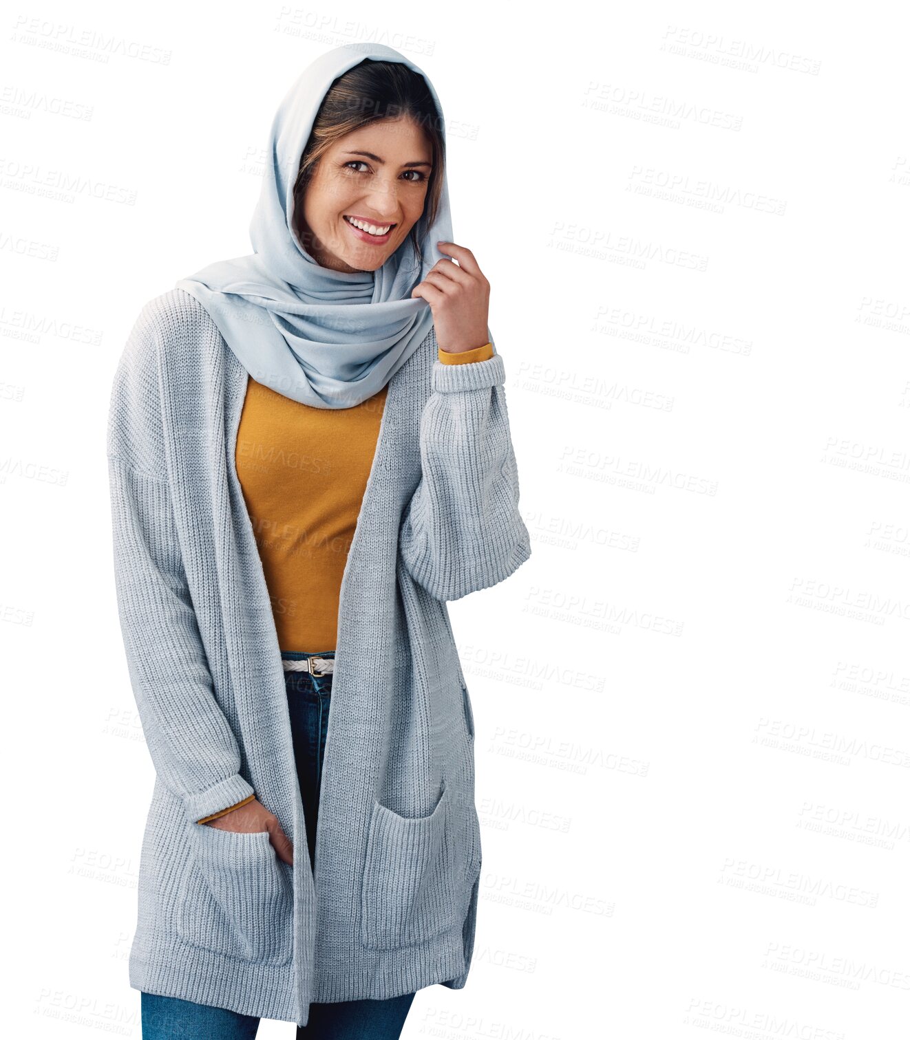 Buy stock photo Fashion, hijab and portrait of young muslim woman with casual, trendy and modern outfit. Happy, head scarf and islamic person with traditional religion style isolated by transparent png background.