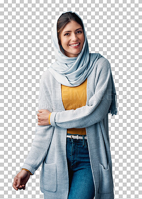 Buy stock photo Muslim, woman and portrait with hijab or happy for eid with casual fashion, trendy outfit and calm expression. Islamic person, face and confidence with relax isolated on a png transparent background