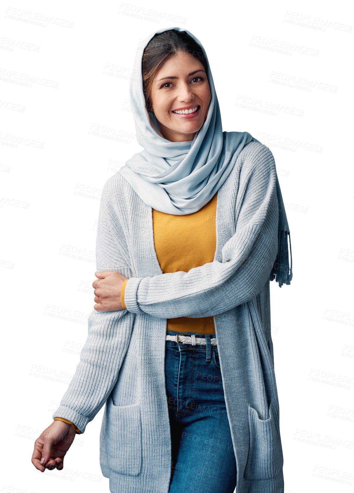 Buy stock photo Muslim, woman and portrait with hijab or happy for eid with casual fashion, trendy outfit and calm expression. Islamic person, face and confidence with relax isolated on a png transparent background