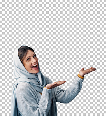 Buy stock photo Muslim woman, portrait and excited for presentation with smile, png and isolated in transparent background. Girl, happy and hands with hijab on head for culture of Islamic faith and religion