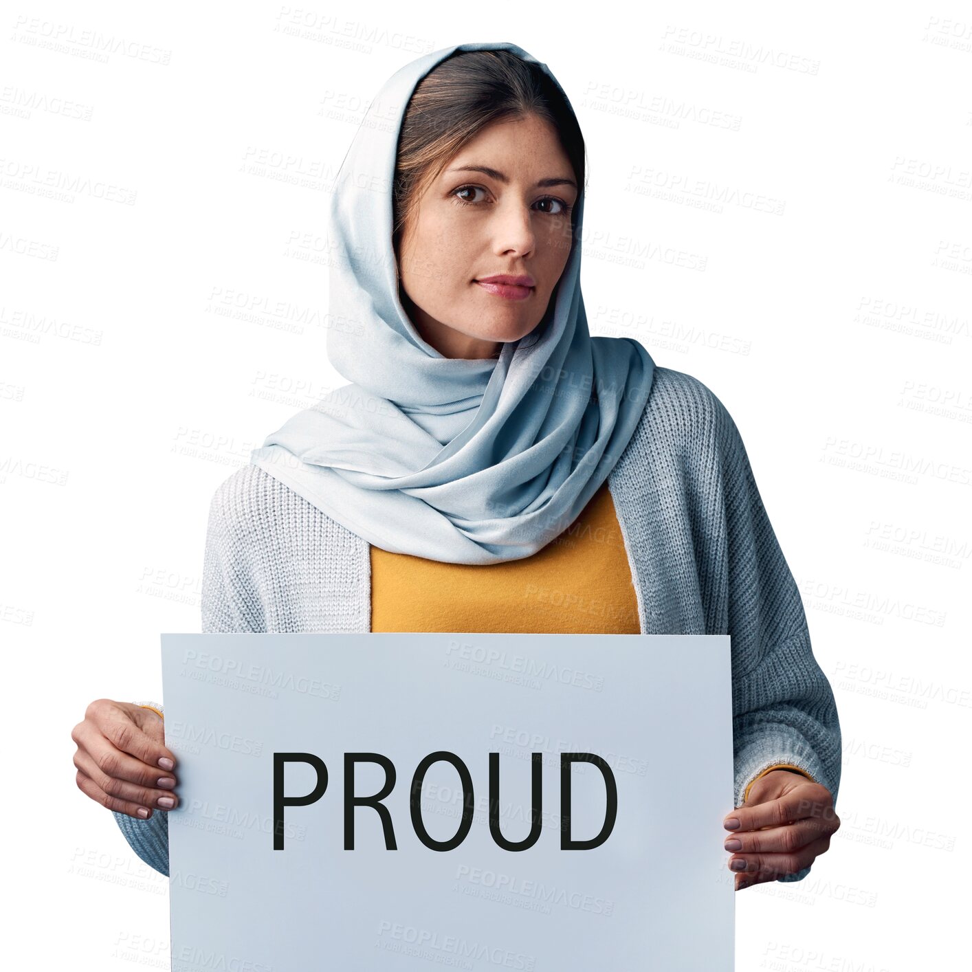 Buy stock photo Muslim, woman and activist in portrait with poster saying proud for morality, religion and culture. Islamic advocate, board and stand with pride with hijab isolated on a transparent png background