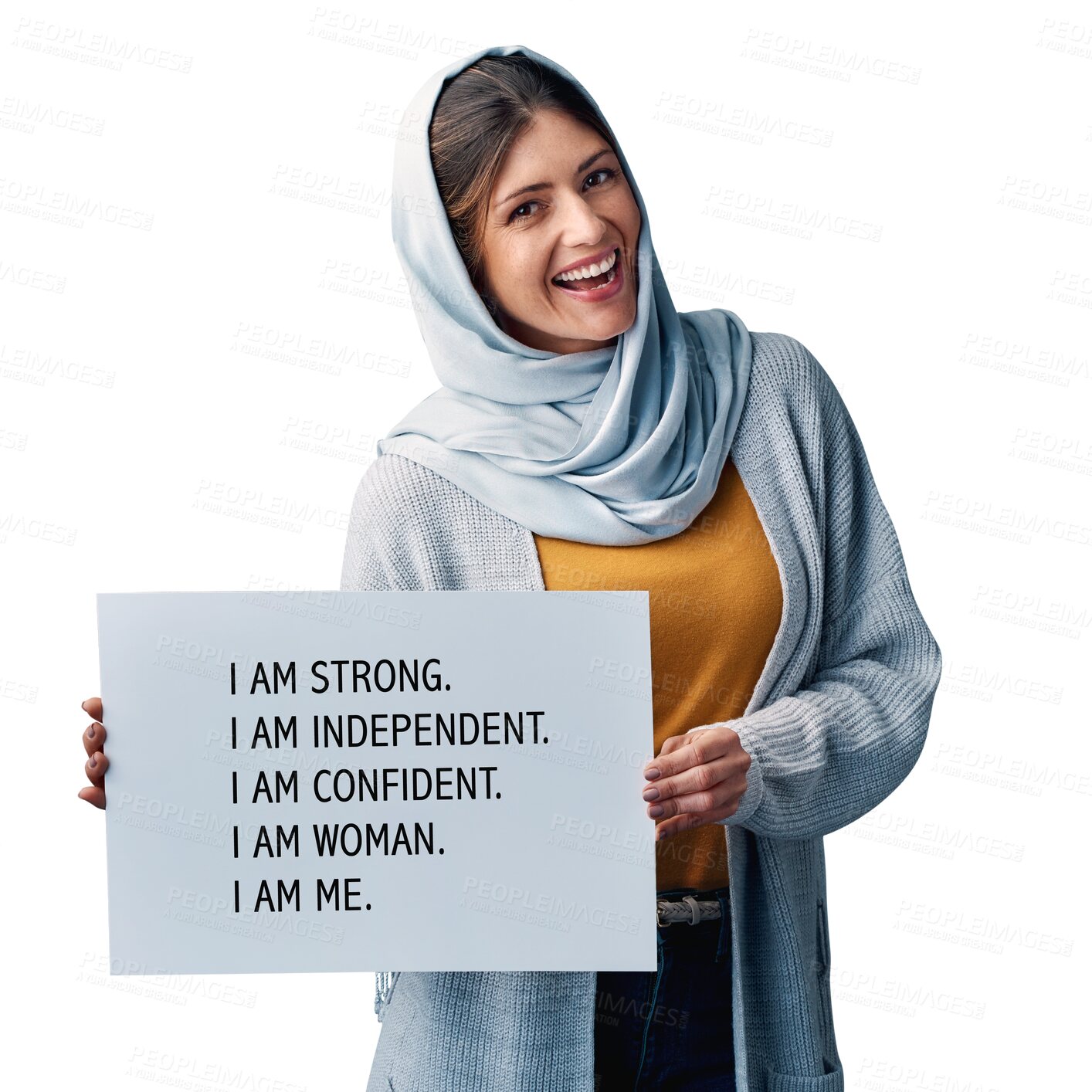 Buy stock photo Smile, muslim and portrait of woman with poster for affirmation, empowerment or acceptance. Happy, female person and paper banner with statement on isolated, transparent and png background