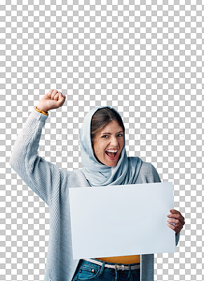 Buy stock photo Muslim, woman and activist in hijab for protest with poster mockup and passionate on isolated, transparent png background. Cardboard, religion and advocate for equality, freedom and peace o rights.