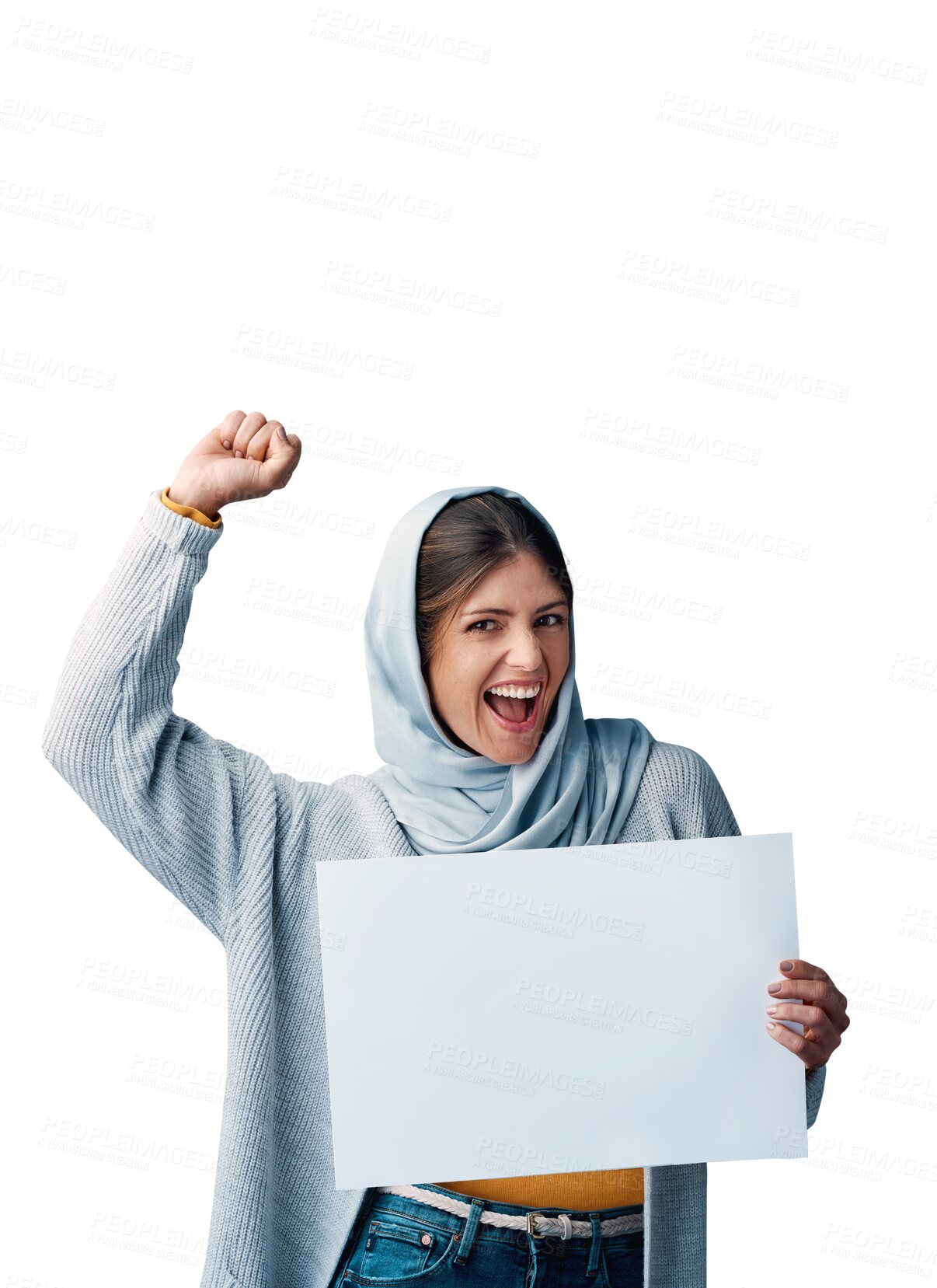 Buy stock photo Muslim, woman and activist in hijab for protest with poster mockup and passionate on isolated, transparent png background. Cardboard, religion and advocate for equality, freedom and peace o rights.