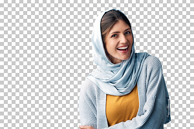 Buy stock photo Muslim, woman and portrait with hijab or excited for eid with casual fashion, trendy outfit and confidence or pride. Islamic person, face and happy with relax isolated on png transparent background