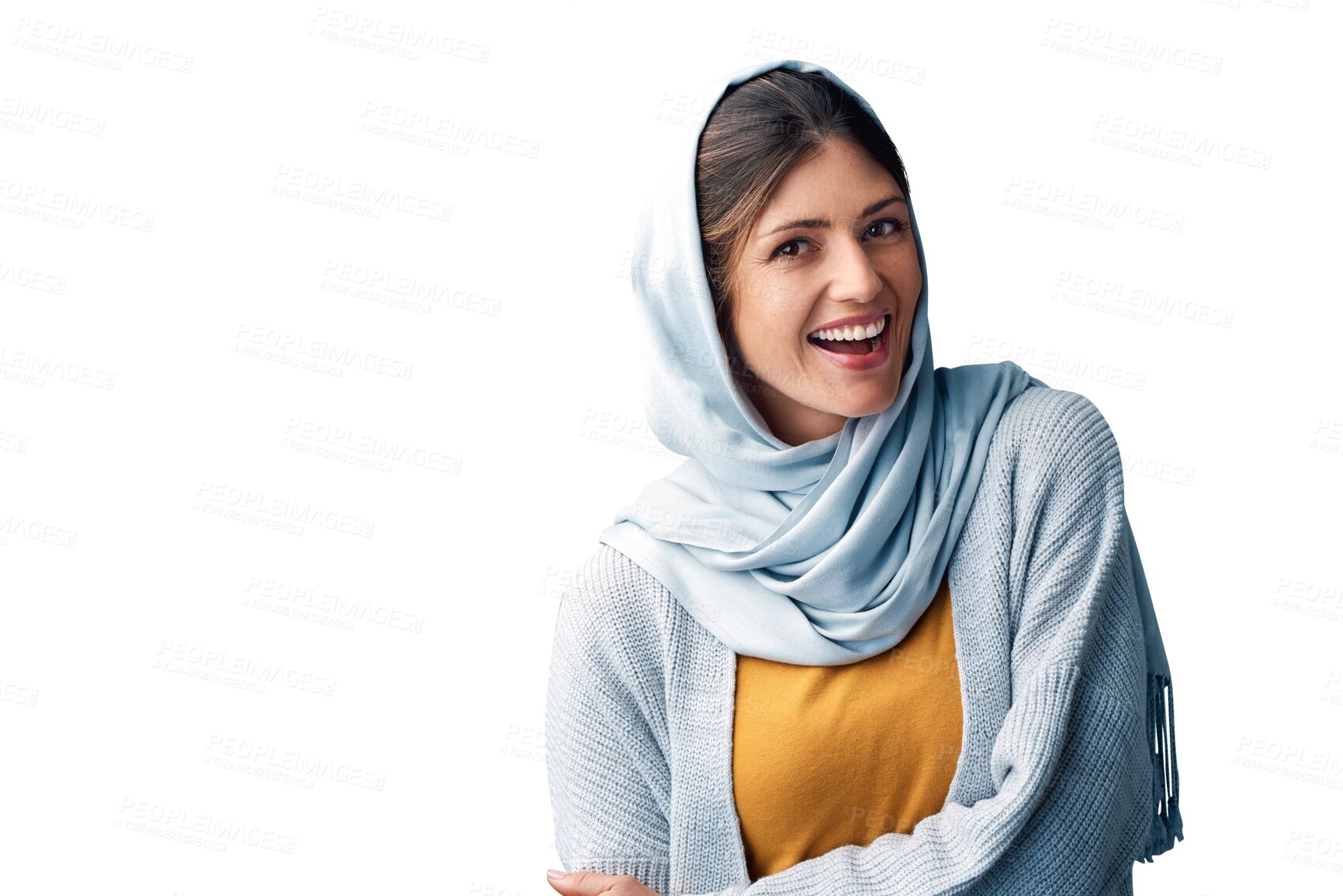 Buy stock photo Muslim, woman and portrait with hijab or excited for eid with casual fashion, trendy outfit and confidence or pride. Islamic person, face and happy with relax isolated on png transparent background