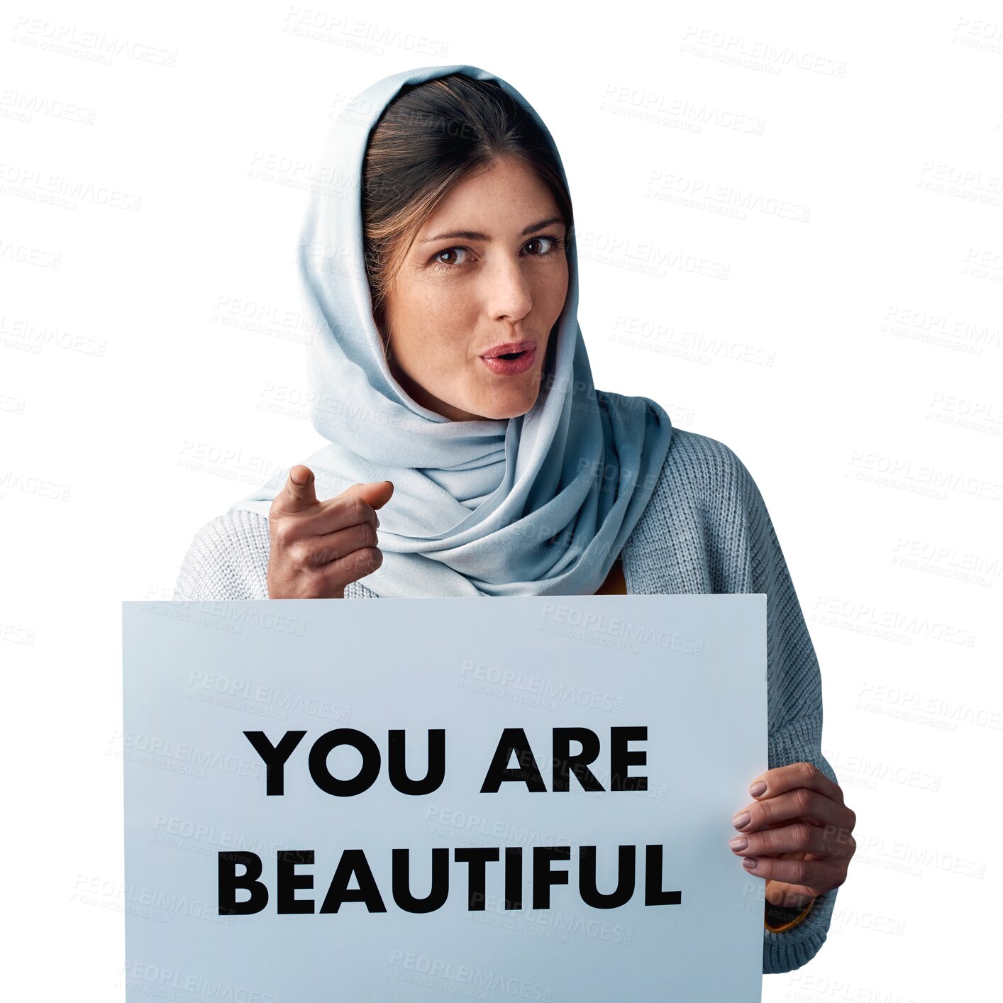 Buy stock photo Muslim, woman and pointing to you with board in portrait and sign for beauty in transparent or png background. Isolated, girl and person with poster, information and paper with beautiful message