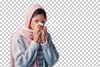 Buy stock photo Muslim woman, sick and blowing her nose on a handkerchief on an isolated, transparent png background. Female person and napkin and illness, flu, cold or hay fever, allergic and influenza virus