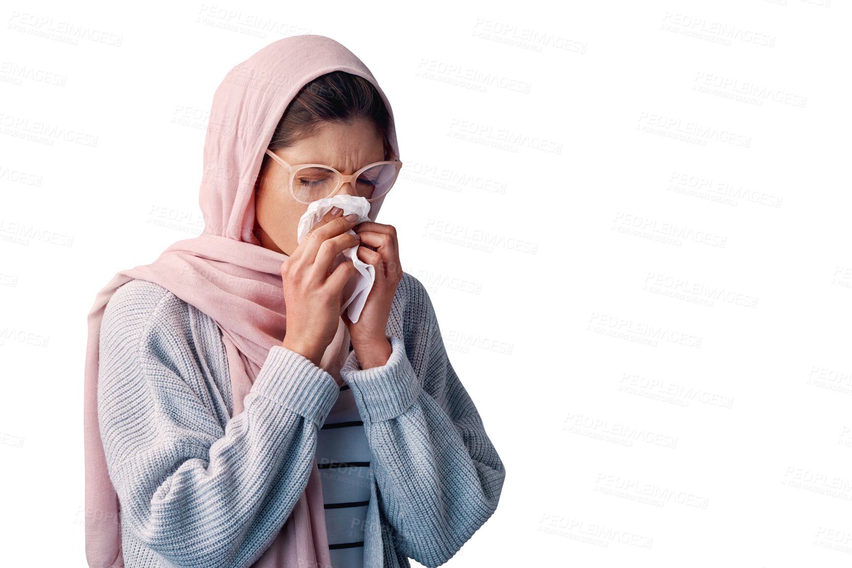 Buy stock photo Muslim woman, sick and blowing her nose on a handkerchief on an isolated, transparent png background. Female person and napkin and illness, flu, cold or hay fever, allergic and influenza virus