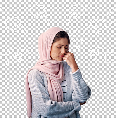 Buy stock photo Muslim, woman and stress with hijab or depression for mental health with casual fashion, sad and emotional. Islamic person, anxiety and frustrated with burnout isolated on png transparent background