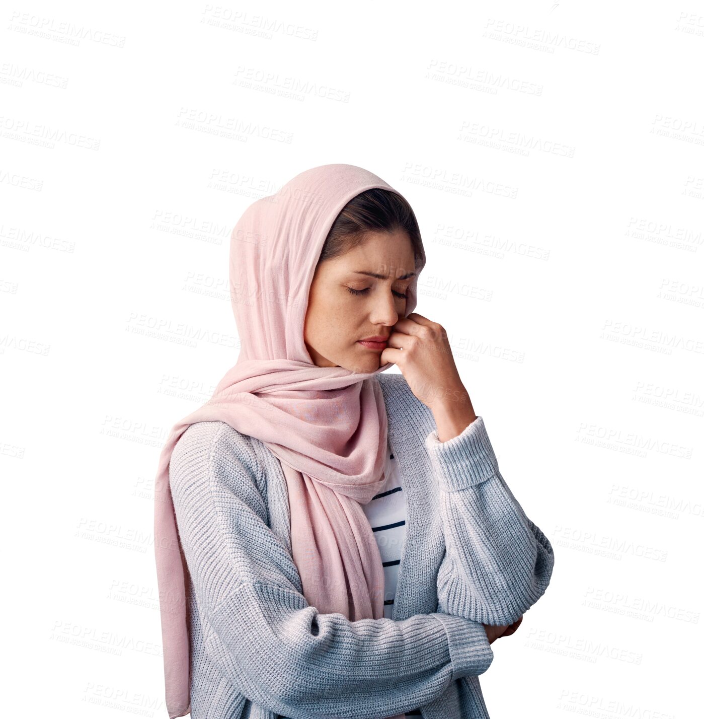 Buy stock photo Muslim, woman and stress with hijab or depression for mental health with casual fashion, sad and emotional. Islamic person, anxiety and frustrated with burnout isolated on png transparent background