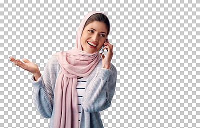 Buy stock photo Phone call, talking or muslim woman isolated with smile on png background for communication. Mobile, transparent or happy Arab person listening in conversation or speaking of news, gossip or Islam