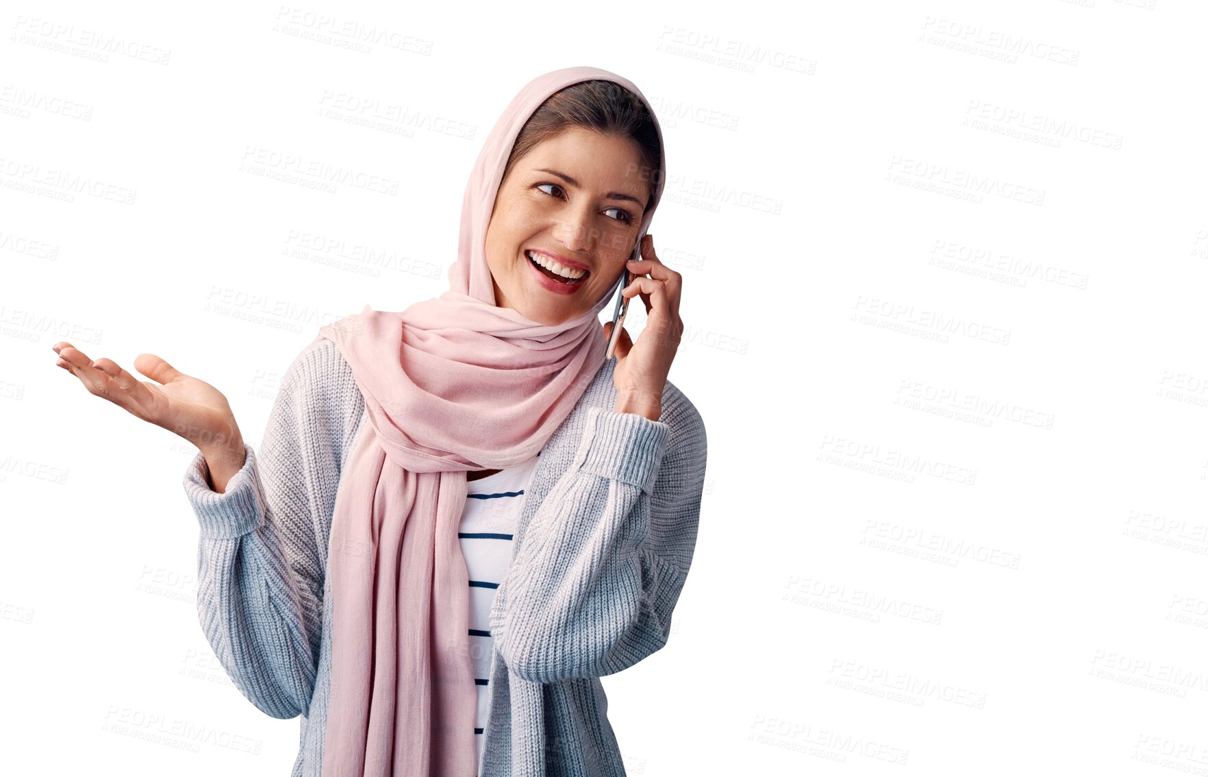 Buy stock photo Phone call, talking or muslim woman isolated with smile on png background for communication. Mobile, transparent or happy Arab person listening in conversation or speaking of news, gossip or Islam