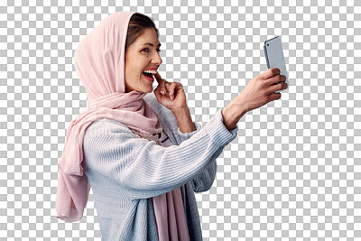 Buy stock photo Muslim, happy woman or influencer with smile in selfie isolated on png background for social media app. Islamic, memory or Arabic lady with photo or profile picture for fashion, tradition or style