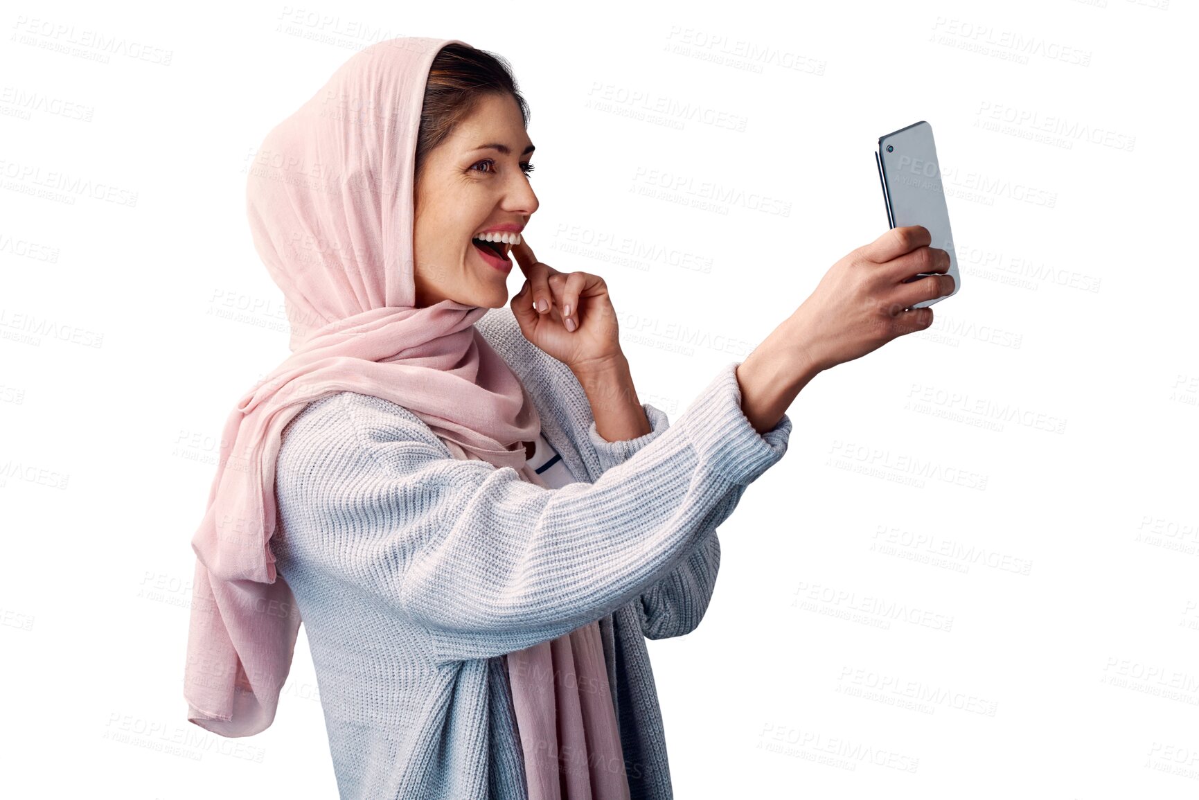 Buy stock photo Muslim, happy woman or influencer with smile in selfie isolated on png background for social media app. Islamic, memory or Arabic lady with photo or profile picture for fashion, tradition or style