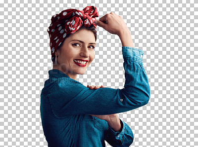 Buy stock photo Woman, portrait and flexing pin up for retro fashion or winning strength for muscle, vintage or gender equality. Female person, face and bicep on isolated transparent png background, pride or power