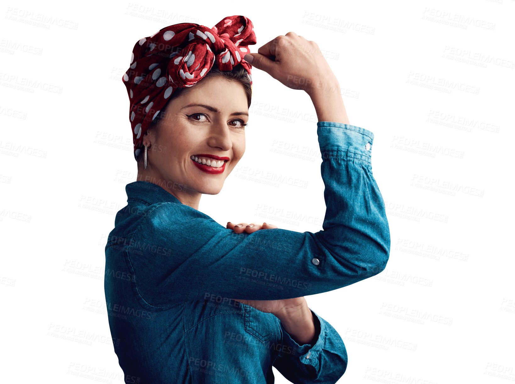 Buy stock photo Woman, portrait and flexing pin up for retro fashion or winning strength for muscle, vintage or gender equality. Female person, face and bicep on isolated transparent png background, pride or power