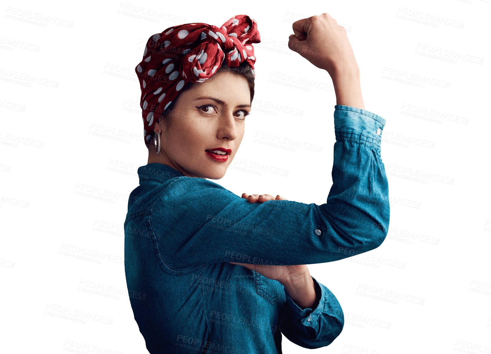 Buy stock photo Woman, pin up and flexing bicep as portrait or victory strength or vintage as retro, fashion or gender equality. Female person, face and muscle on isolated transparent png background, pride or strong