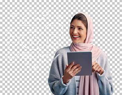 Buy stock photo Thinking, smile and muslim woman on tablet, internet and social media isolated on a transparent png background. Hijab, digital technology and person with idea, inspiration and dream of vision on app