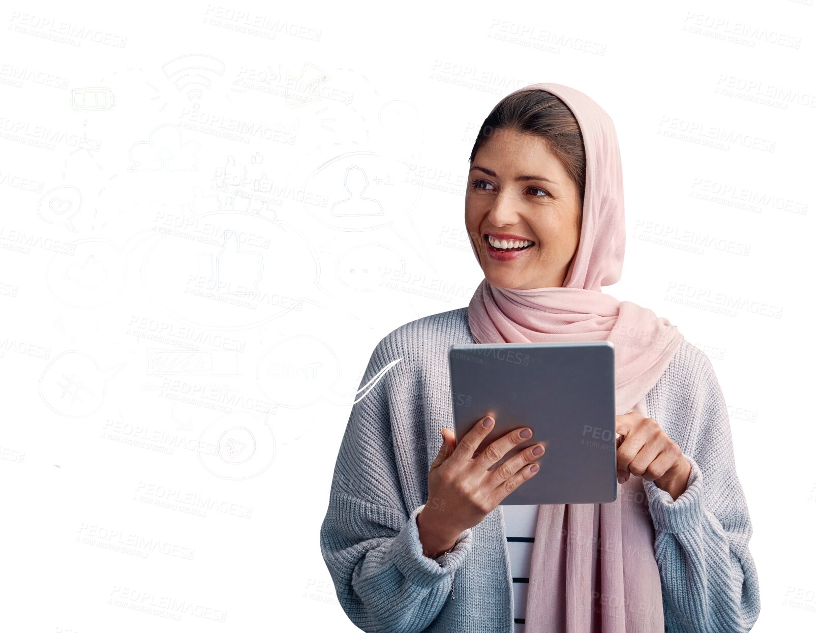 Buy stock photo Thinking, smile and muslim woman on tablet, internet and social media isolated on a transparent png background. Hijab, digital technology and person with idea, inspiration and dream of vision on app