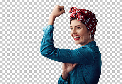 Buy stock photo Woman, pin up and muscle bicep as portrait or victory strength or vintage as retro, fashion or gender equality. Female person, flex and strong on isolated transparent png background, pride or win