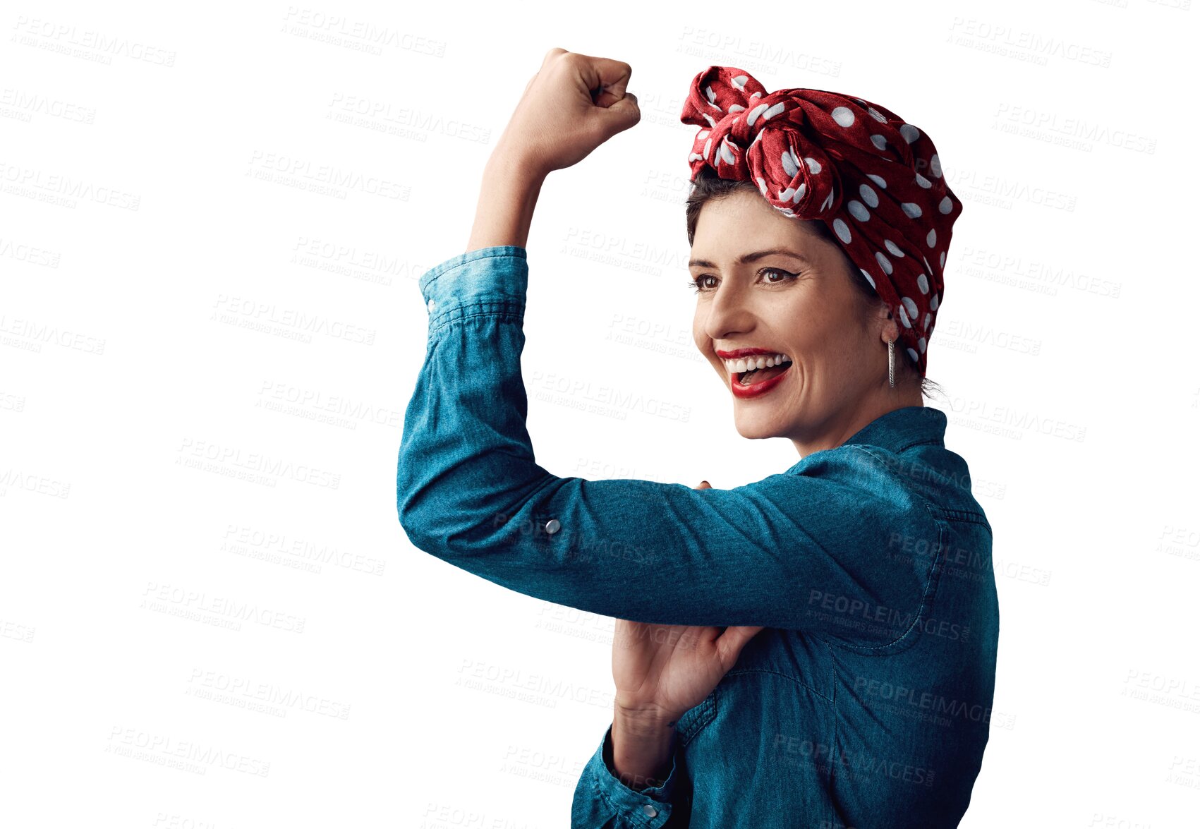 Buy stock photo Woman, pin up and muscle bicep as portrait or victory strength or vintage as retro, fashion or gender equality. Female person, flex and strong on isolated transparent png background, pride or win