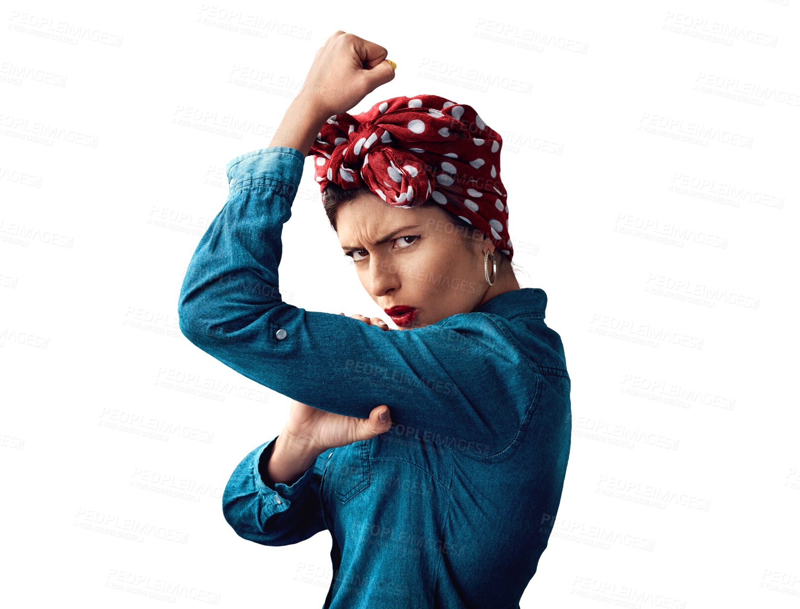 Buy stock photo Woman, pin up and bicep for feminism or portrait for strength or vintage for victory, fashion or gender equality. Female person, flex and strong on isolated transparent png background, pride or win