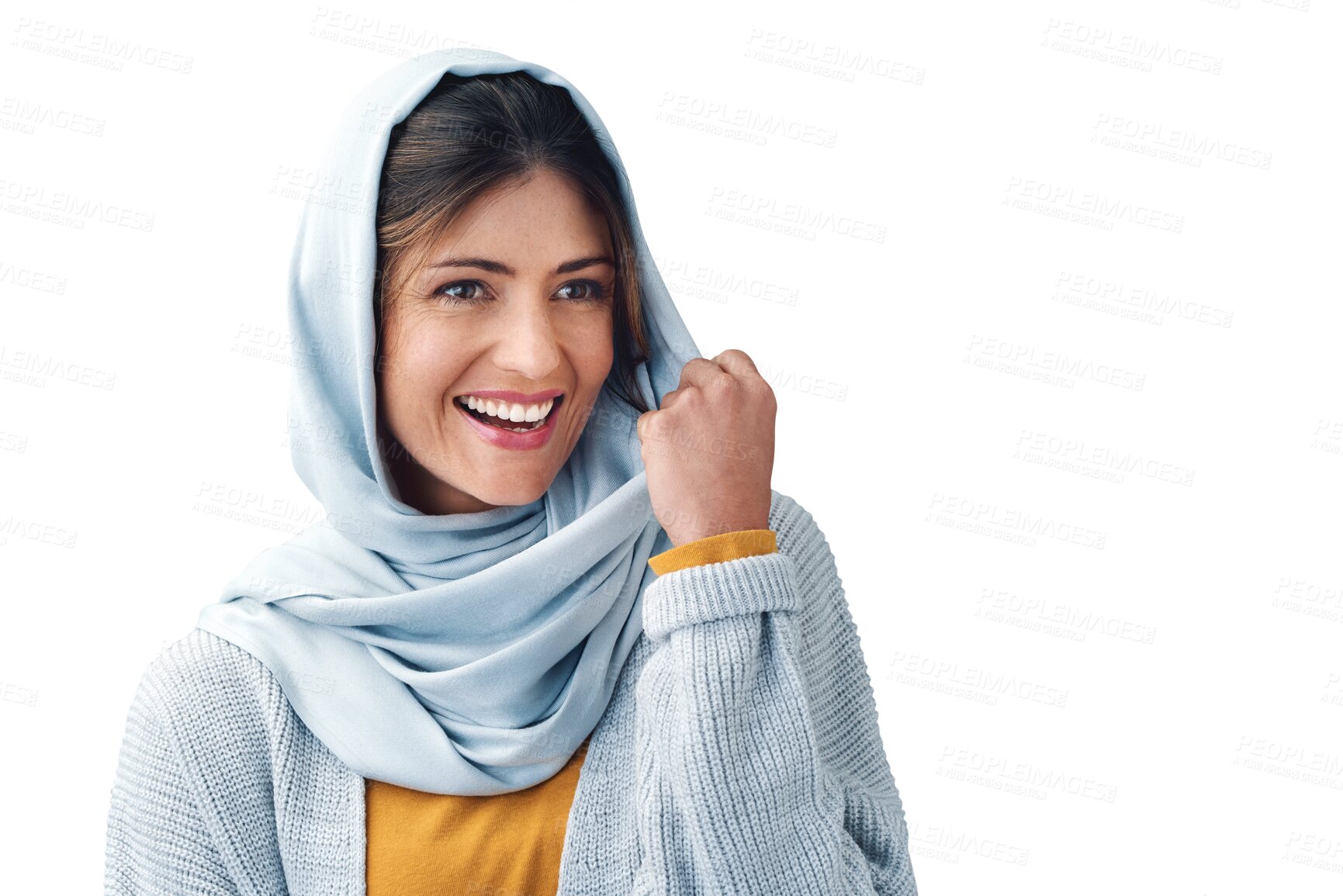 Buy stock photo Style hijab and young islamic woman with casual, trendy and modern outfit. Happy, head scarf and muslim female person with traditional religion fashion isolated by transparent png background.