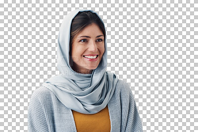 Buy stock photo Muslim, woman and happy with hijab or confidence for eid with casual fashion, trendy outfit and calm expression. Islamic person, face and smile with relax isolated on png transparent background