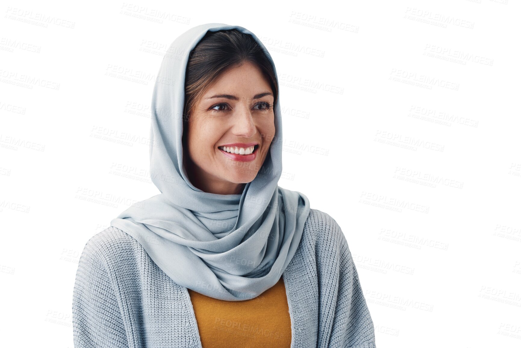 Buy stock photo Muslim, woman and happy with hijab or confidence for eid with casual fashion, trendy outfit and calm expression. Islamic person, face and smile with relax isolated on png transparent background