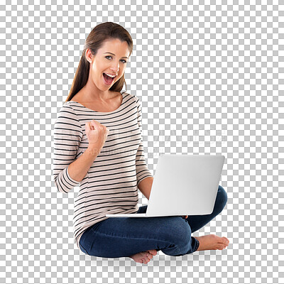 Buy stock photo Woman, laptop and celebration in portrait for prize, winner and lottery success or giveaway. Female person, fist and online achievement or promotion, sale and isolated on transparent png background