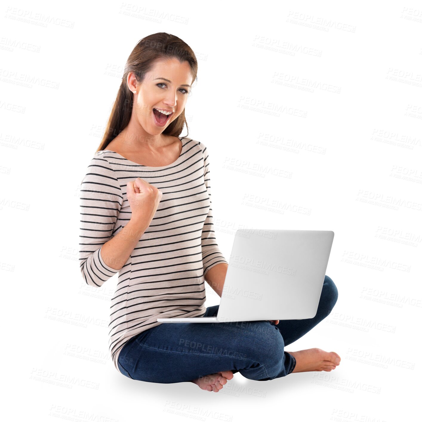 Buy stock photo Woman, laptop and celebration in portrait for prize, winner and lottery success or giveaway. Female person, fist and online achievement or promotion, sale and isolated on transparent png background