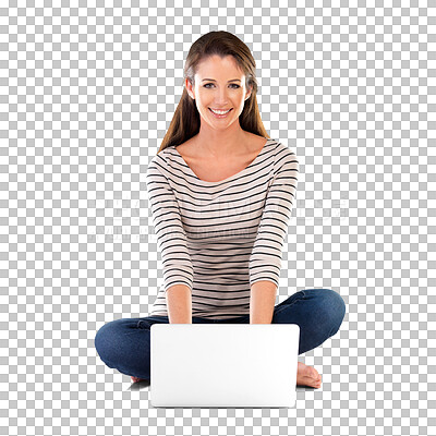 Buy stock photo Woman, laptop and info for research in portrait, website and online for social media. Female person, news and networking or happy for notification, blogging and isolated on transparent png background