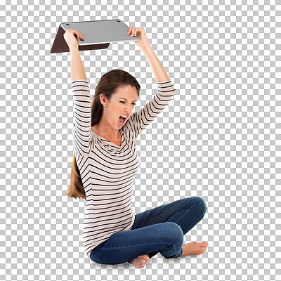 Buy stock photo Stress, rage and woman breaking laptop in anger isolated on transparent background with frustration. Computer, screaming or destruction and angry young person on PNG with glitch, 404 or virus