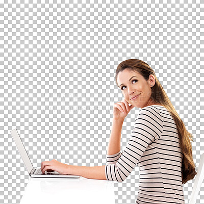 Buy stock photo Girl, desk and thinking with laptop for idea, brainstorming and contemplating for solution. Woman, technology and inspiration for work, planning and research isolated on a transparent, png background